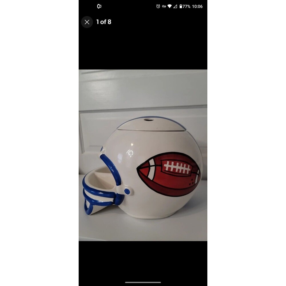 Football Helmet Chips Dip Ceramic Bowl SUPER BOWL PARTY 9"H x 12"W  BLUE WHITE